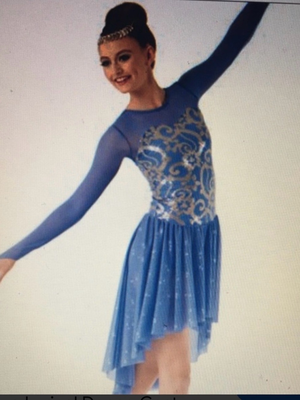 Weissman Lyrical Dance Dress. Medium Adult. Blue w/small gold sequins. Lovely!